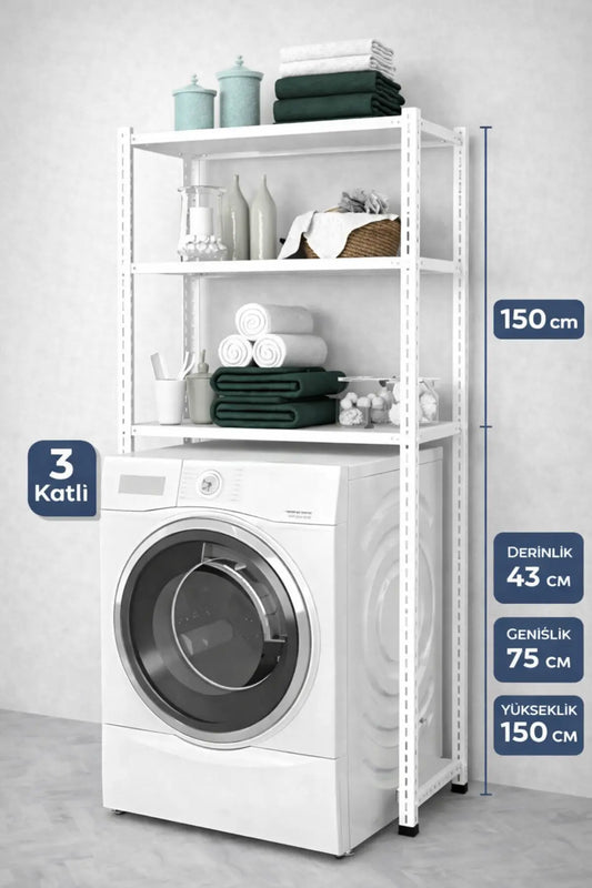 3 Raflı Metal Banyo Düzenleyici Metal Banyo Rafı Çamaşır Makinası Üstü 43X75X150 Raffar