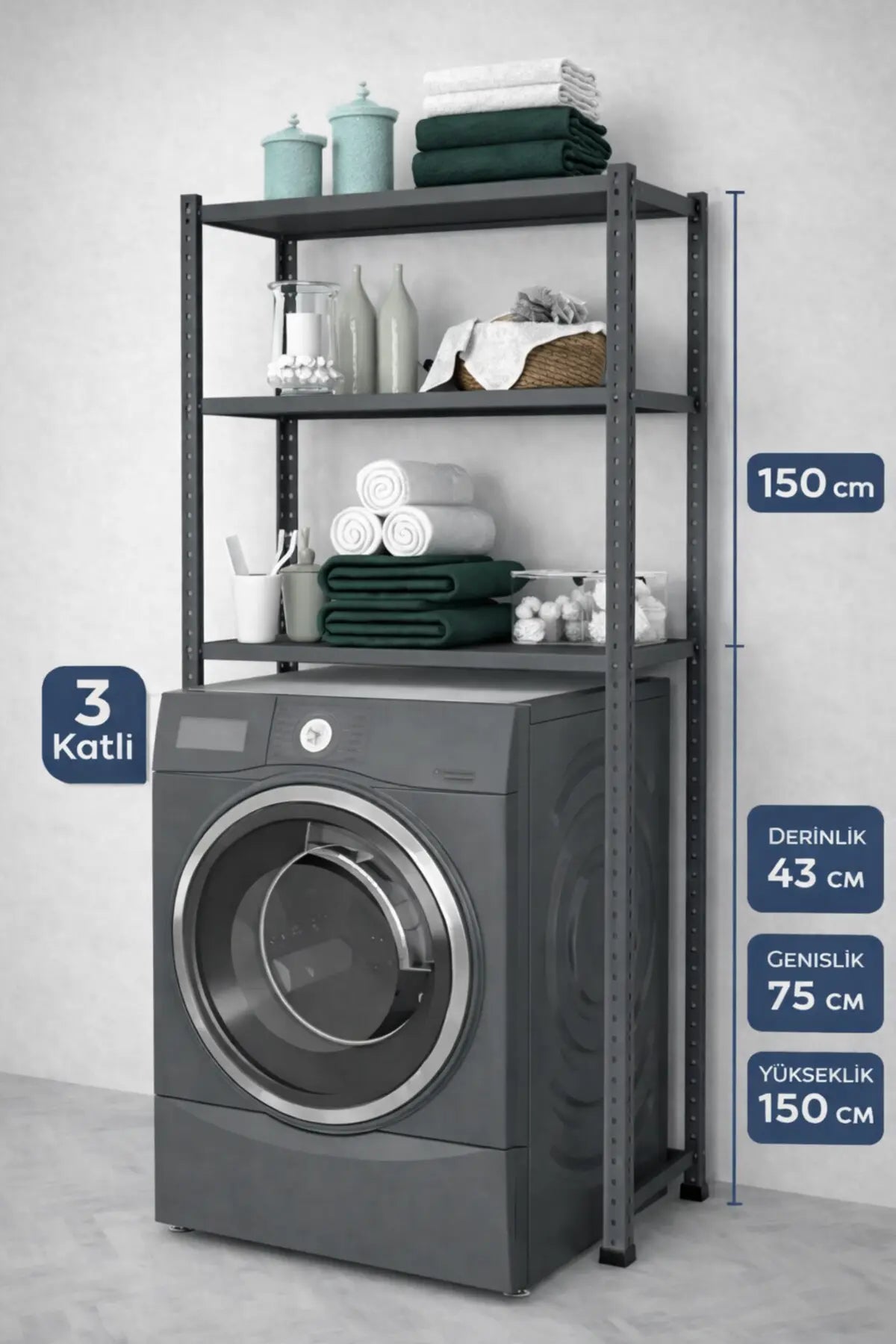 3 Raflı Metal Banyo Düzenleyici Metal Banyo Rafı Çamaşır Makinası Üstü 43X75X150 Raffar