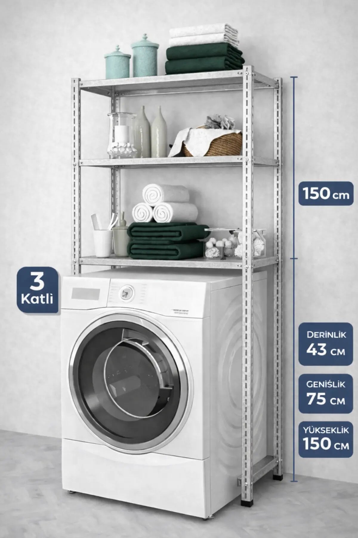 3 Raflı Metal Banyo Düzenleyici Metal Banyo Rafı Çamaşır Makinası Üstü 43X75X150 Raffar
