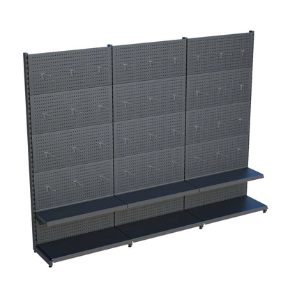 Antrasit Metal Delikli 3'lü Birleşik 2 Katlı Market Raf Sistemi | Hırdavat Rafı | G270CM Yükseklik H220 CM| Raffar