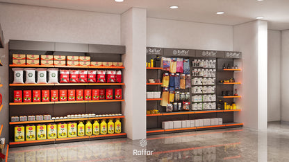 Bazalı Çift Yönlü Market Orta Reyon Rafı – 4 Katlı Antrasit, 5 Ünite – W450 × H140 × D30/40 cm