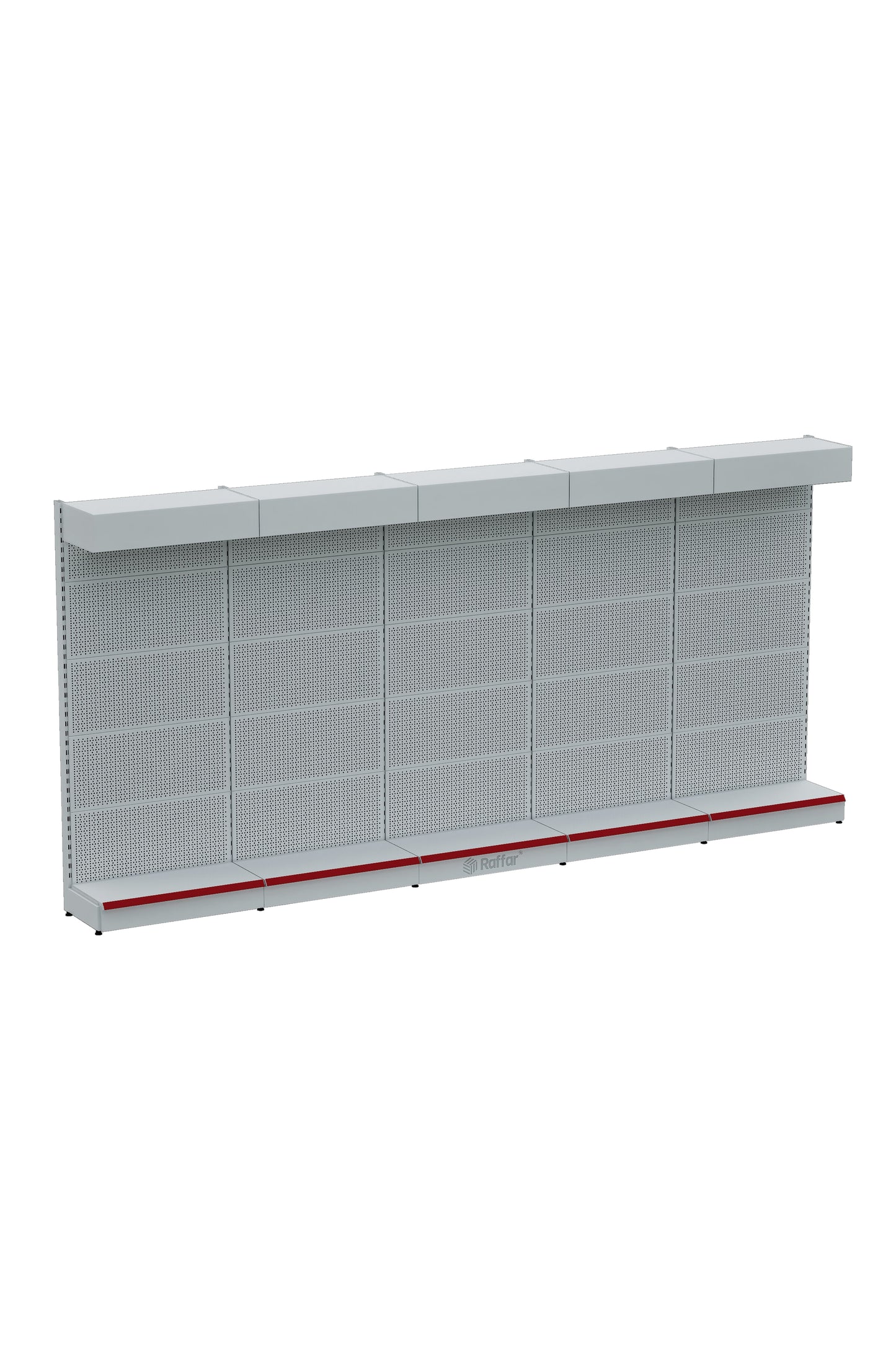 Şapkalı ve Bazalı Delikli Hırdavat Rafı – Beyaz, 5 Ünite – W450 × H220 × D30/40 cm