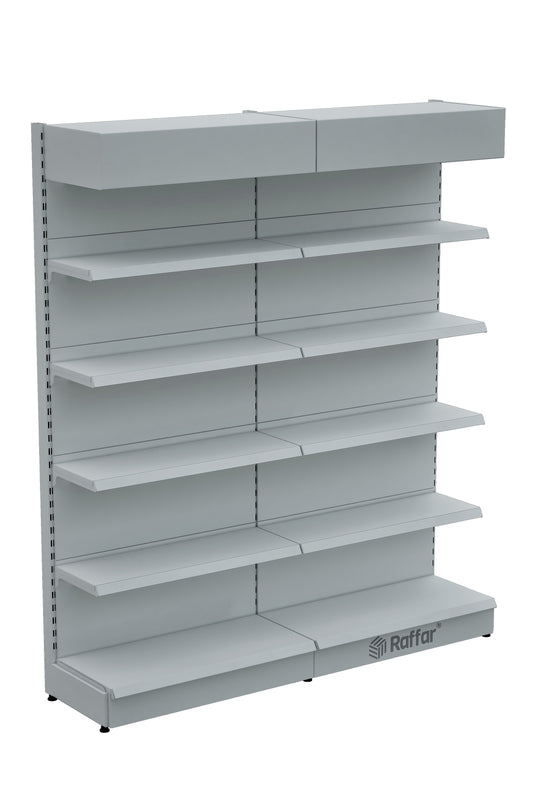 Şapkalı ve Bazalı Market Duvar Rafı – 5 Katlı Beyaz, 2 Ünite – W180 × H220 × D30/40 cm