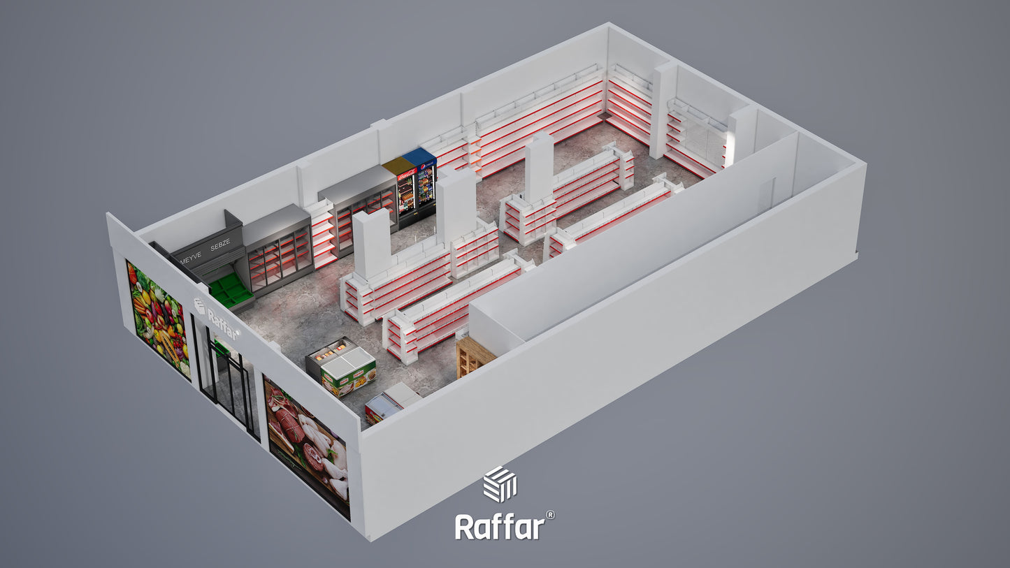 Bazalı Market Duvar Rafı – 5 Katlı Beyaz, 4 Ünite – W360 × H220 × D30/40 cm