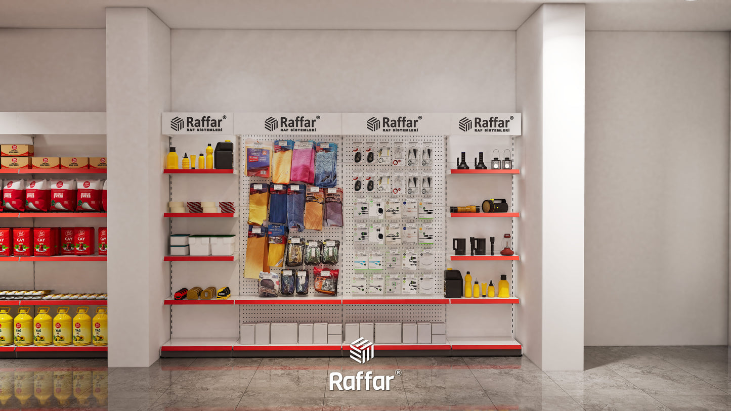 Bazalı Delikli Hırdavat Rafı – Beyaz, 3 Ünite – W270 × H220 × D30/40 cm