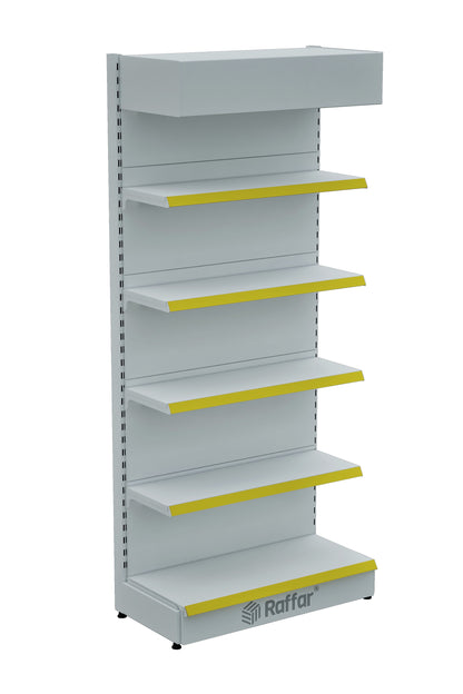 Şapkalı ve Bazalı Market Duvar Rafı – 5 Katlı Beyaz, Tek Ünite – W90 × H220 × D30/40 cm