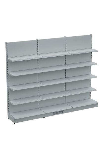 Bazalı Market Duvar Rafı – 5 Katlı Beyaz, 3 Ünite – W270 × H220 × D30/40 cm