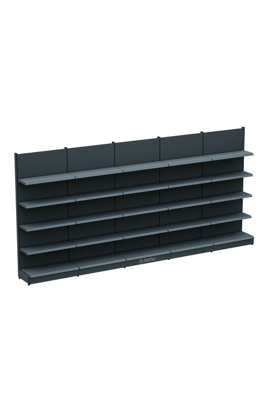 Bazalı Market Duvar Rafı – 5 Katlı Beyaz, 5 Ünite – W450 × H220 × D30/40 cm