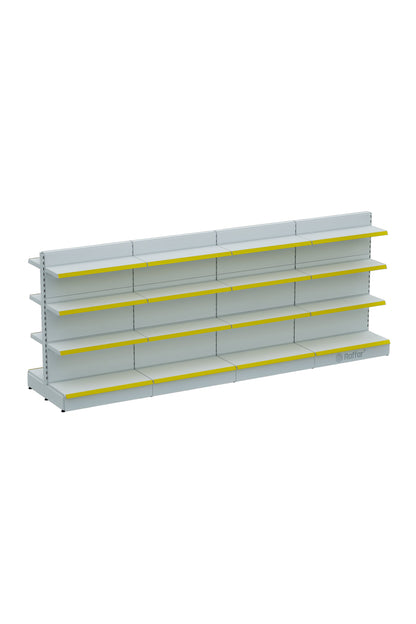 Bazalı Çift Yönlü Market Orta Reyon Rafı – 4 Katlı Beyaz, 4 Ünite – W360 × H140 × D30/40 cm