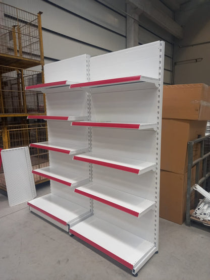 White Metal Double-Sided Central Aisle 4-Tier 5-Unit Combined Supermarket Shelving System | Supermarket Shelf | H450CM Height D140CM|