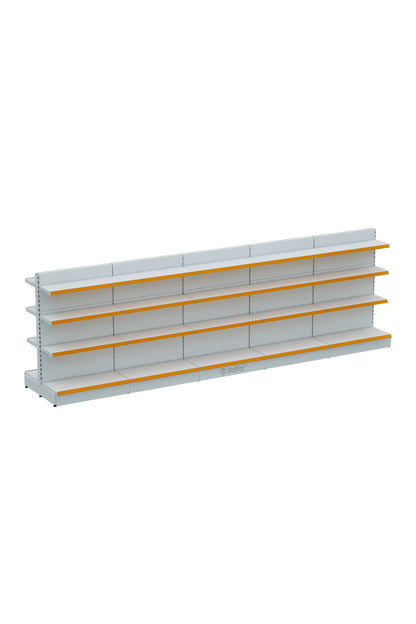 Bazalı Çift Yönlü Market Orta Reyon Rafı – 4 Katlı Beyaz, 5 Ünite – W450 × H140 × D30/40 cm