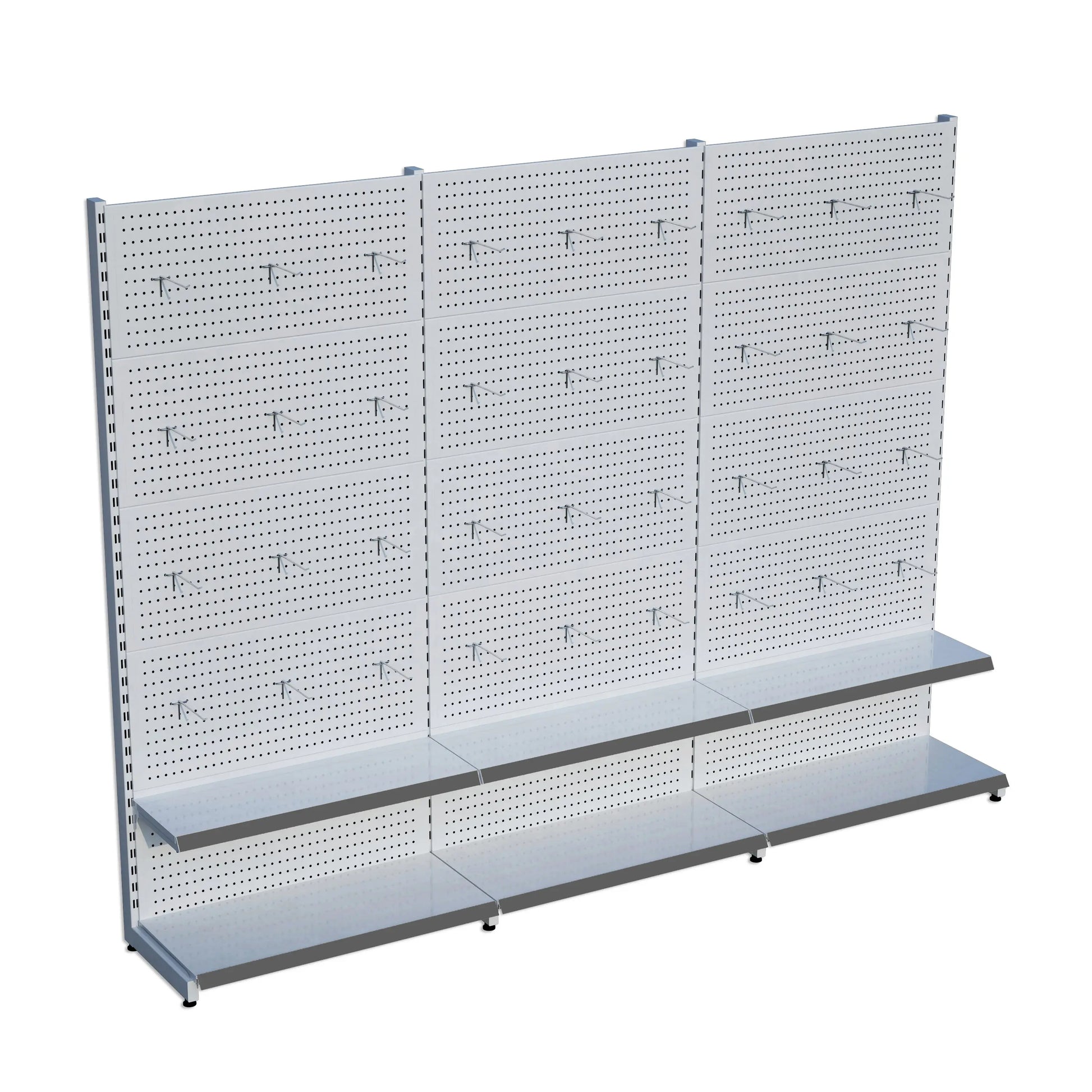 Beyaz Metal Delikli 3'lü Birleşik 2 Katlı Market Raf Sistemi | Hırdavat Rafı |  G270CMYükseklik H220 CM| Raffar
